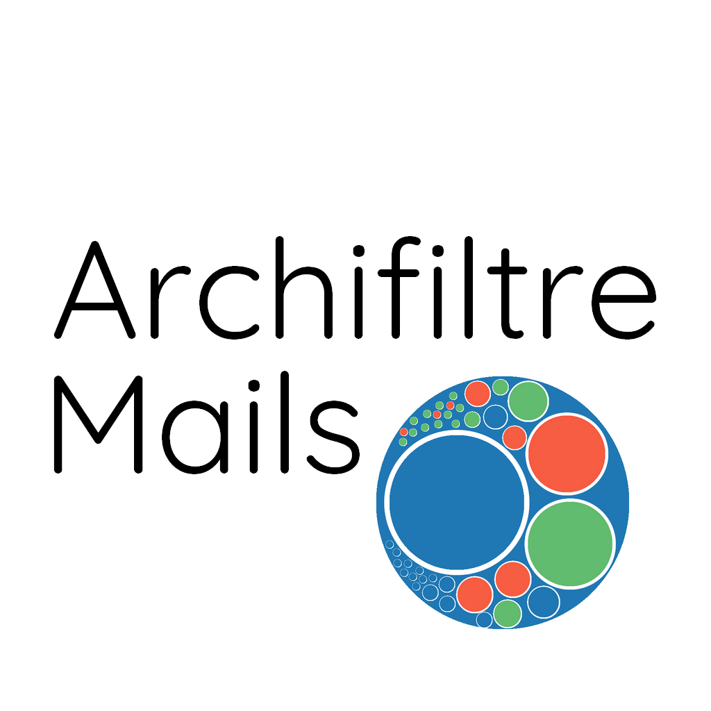 Logo présentant le nom de l'outil Archifiltre-mails et une visualisation des arborescences de mails dans l'outil avec des cercles de correspondances